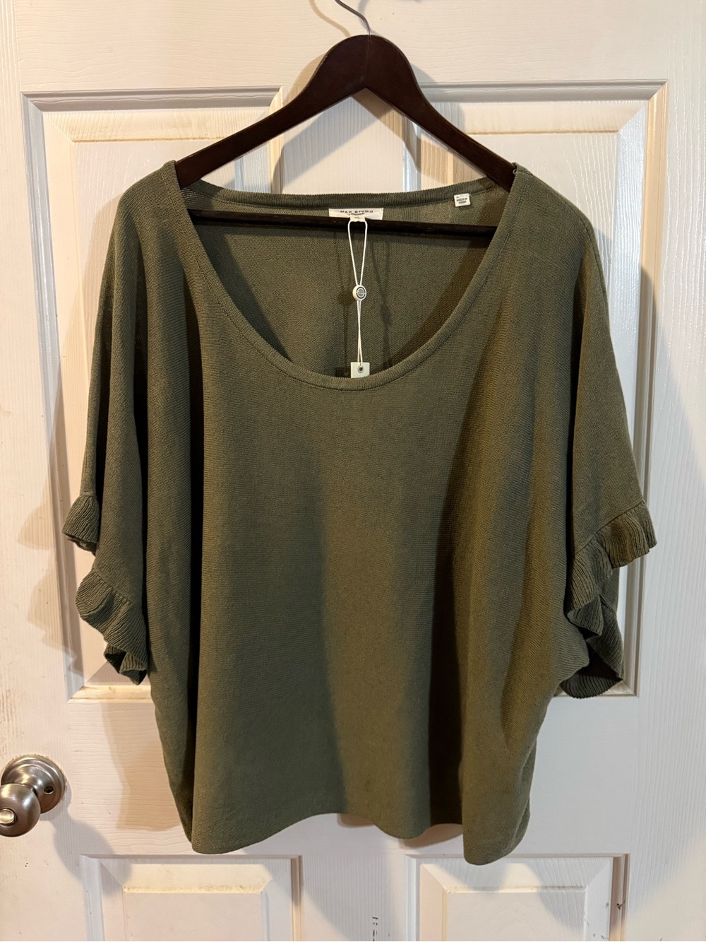 Max Studio Olive Green Ruffle Sleeve Scoop Neck Top